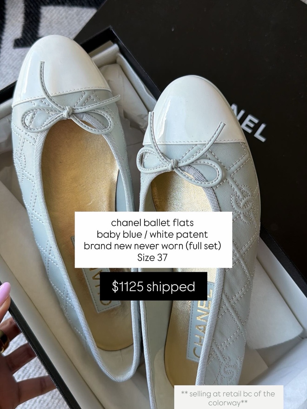 CHANEL Baby Blue & White Patent Quilted Ballet Flats
